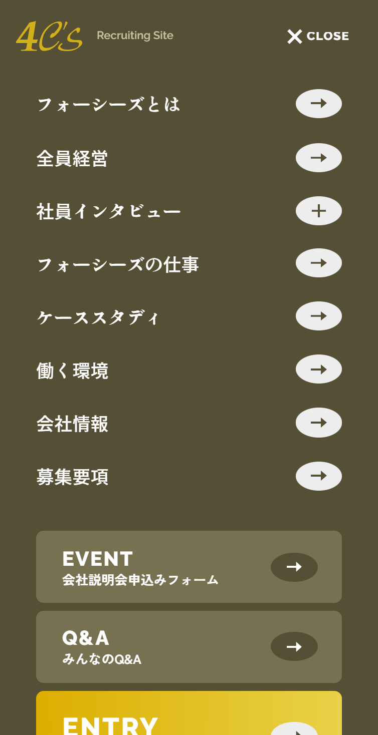 フォーシーズ株式会社 | 採用サイト スマホ版 メニュー