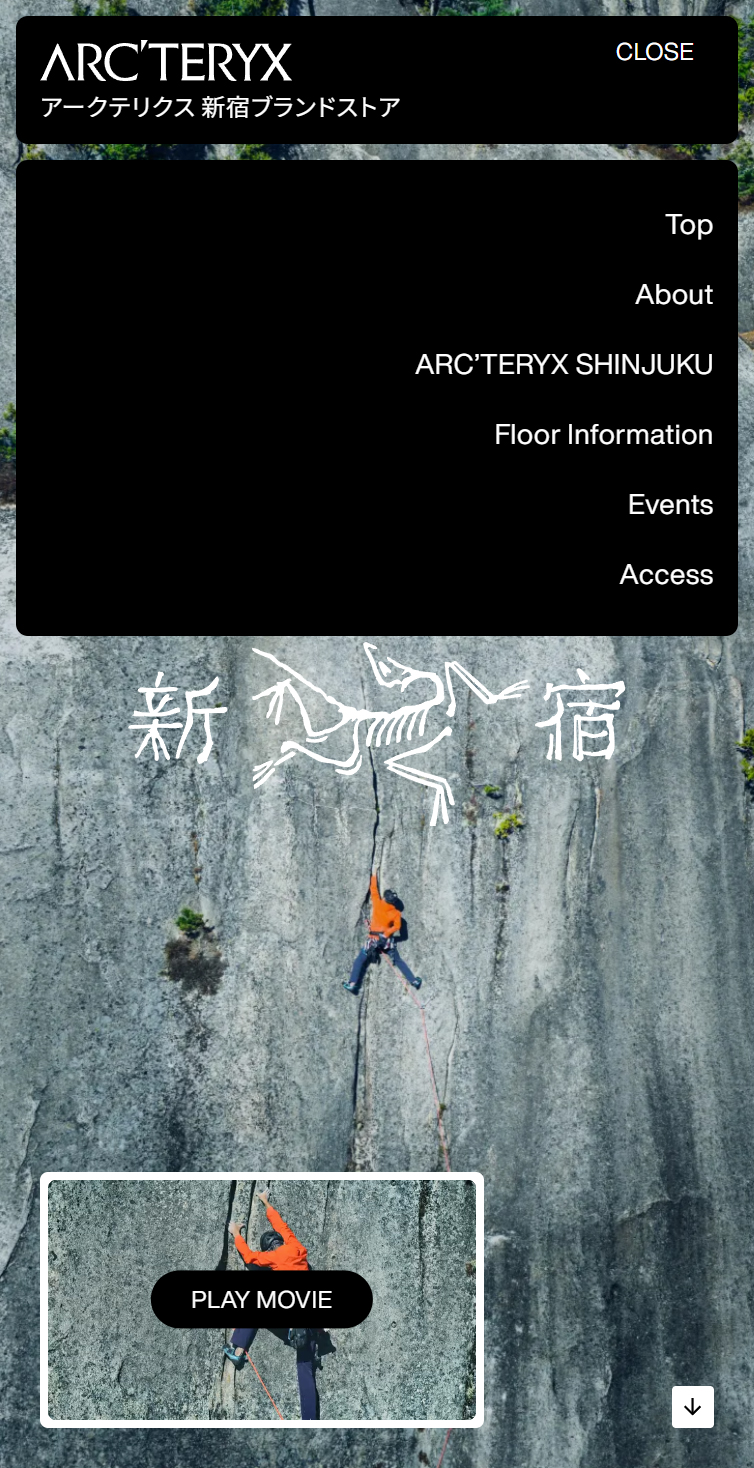 ARC’TERYX SHINJUKU スマホ版 メニュー