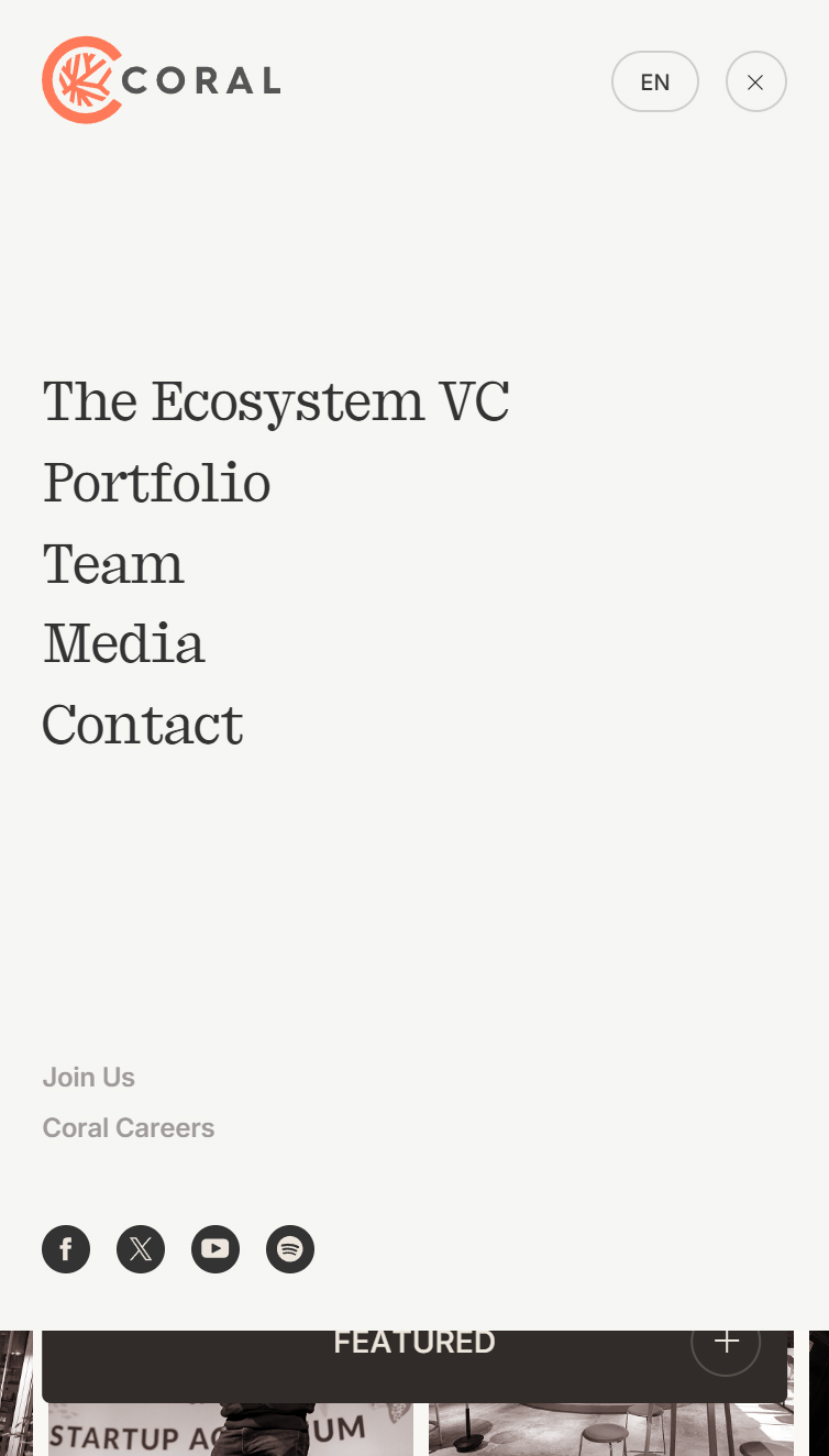 Coral Capital - ベンチャーキャピタル(VC) | スタートアップ支援 スマホ版 メニュー