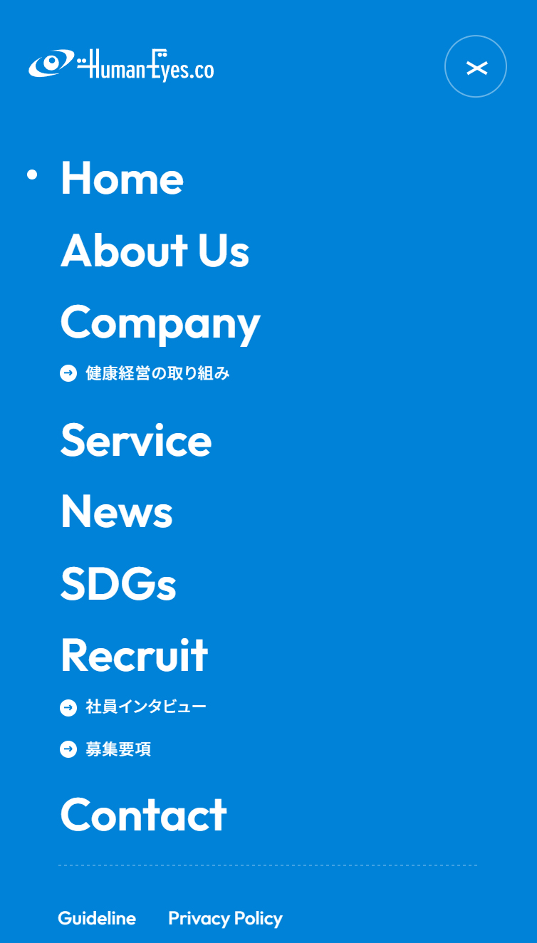 株式会社ヒューマンアイズ スマホ版 メニュー