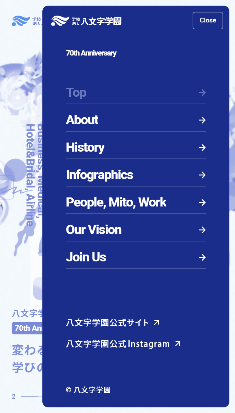 八文字学園 70周年特設サイト | ヒト･ミト･シゴト スマホ版 メニュー