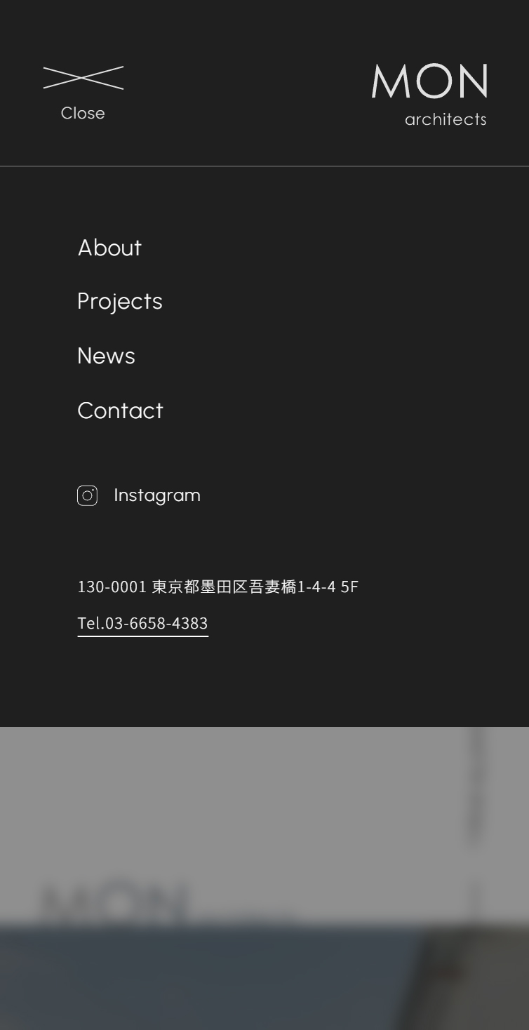 MON architects スマホ版 メニュー