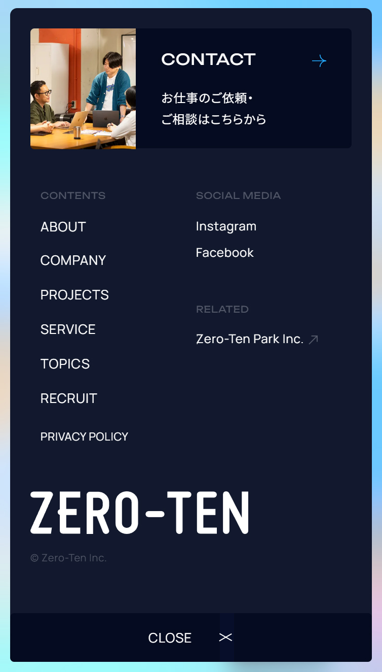 株式会社Zero-Ten スマホ版 メニュー
